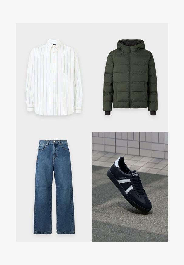 Chaqueta acolchada verde oliva con cremallera frontal, capucha integrada, dos grandes bolsillos frontales y puños interiores negros.; Camisa blanca de manga larga con rayas verticales en verde claro y azul, con botones en el frente, cuello puntiagudo y un solo bolsillo en el pecho.; Vaqueros de mezclilla azul con un ajuste relajado, piernas rectas, costura visible y un cierre de botón en la parte delantera. Presenta un bolsillo lateral con un acento.; Zapatilla de cuero negra con rayas blancas, suela de goma texturizada y parte frontal con cordones. Cuenta con una etiqueta de marca en la lengüeta.
