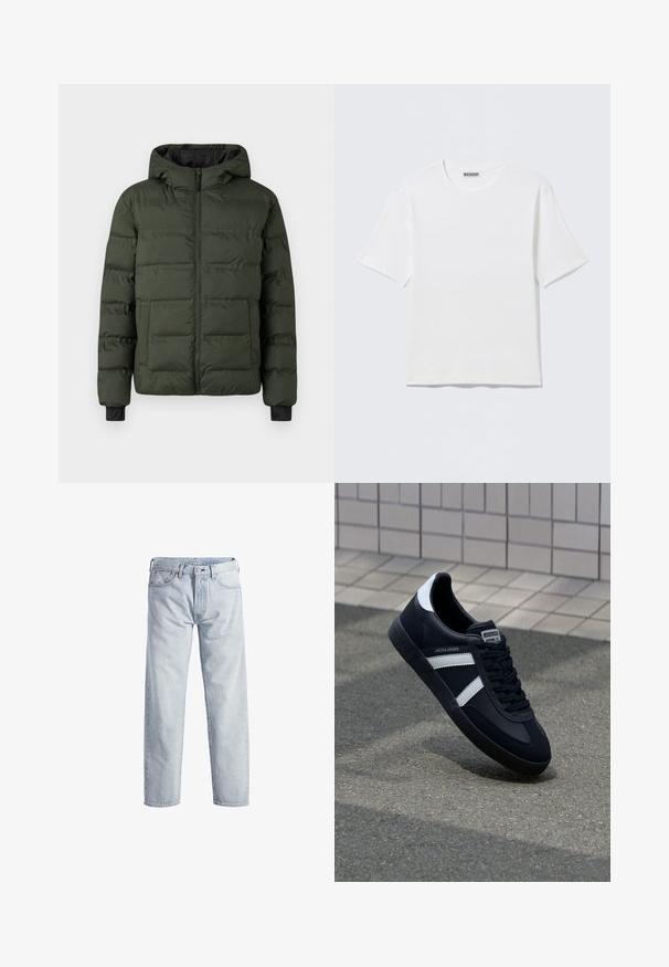 Olivgrüne gefütterte Jacke mit durchgehendem Reißverschluss, angenommener Kapuze, zwei großen Fronttaschen und schwarzen Innensaumabschlüssen an den Handgelenken.; Schlichtes weißes T-Shirt mit kurzen Ärmeln und Rundhalsausschnitt, mit einem kleinen "WEEKDAY"-Etikett an der Innenseite des Rückenkragens, auf einer flachen Oberfläche liegend dargestellt.; Hellblaue Denim-Jeans mit geradem Bein, Knopfleiste, fünf Taschen und subtilen Verwaschungen. Mit metallischen Hardware-Details ausgestattet.; Schwarze Leder-Sneaker mit weißen Streifen, strukturiertem Gummisohle und Schnürung. Verfügt über ein Markenetikett auf der Zunge.