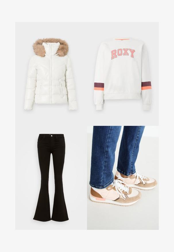 Chaqueta de invierno blanca acolchada con cremallera frontal, bolsillos laterales con cremallera y capucha con ribete de piel sintética marrón.; Sudadera blanca con "ROXY" en texto rosa. Presenta rayas moradas y naranjas en las mangas. Material suave, diseño de cuello redondo.; Jeans de campana negros de talle alto con botón frontal, presillas para cinturón y cinco bolsillos, exhibidos sobre un fondo blanco.; Zapatillas con una mezcla de piel en color rosa empolvado y ante beige, con cordones blancos, una entresuela blanca y una suela de goma texturizada. Jeans de mezclilla ligeramente recortados por encima del zapato.