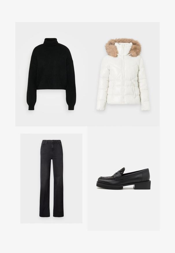 Hvid quiltet vinterjakke med frontlynlås, sidelommer med lynlås og hætte med brun faux pels.; Sort cropped sweater med høj krave, ribbet tekstur og brede ærmer. Lavet af blødt strikmateriale. Simpelt design uden mønstre.; Sorte denim straight-leg jeans med høj talje, fem-lomme design og synlig syning. Glat tekstur med en let falmet finish.; Sorte læderloafer med firkantet tå og blokhæl. Har dekorativ syning og nitter på overlæderet.