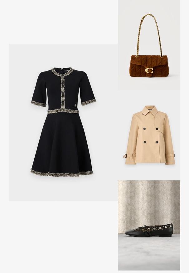 Beige dobbeltradet trenchcoat med sorte knapper, bred krave, sidelommer og justerbare spænder på manchetterne.; Sort kjole med korte ærmer, rund halsudskæring, tekstureret kant og knapdetaljer. A-linje silhuet med kontrasterende blomsterdetaljer i kanterne.; Sort lædersko med flad sål, geometriske udskæringer og to små guldspænder, placeret over en beige tæppe og tæt på et brunt rundt bord.; Brun ruskind quiltet skuldertaske med gylden kæderem og stor gylden "C"-låsebeslag på frontklappen.