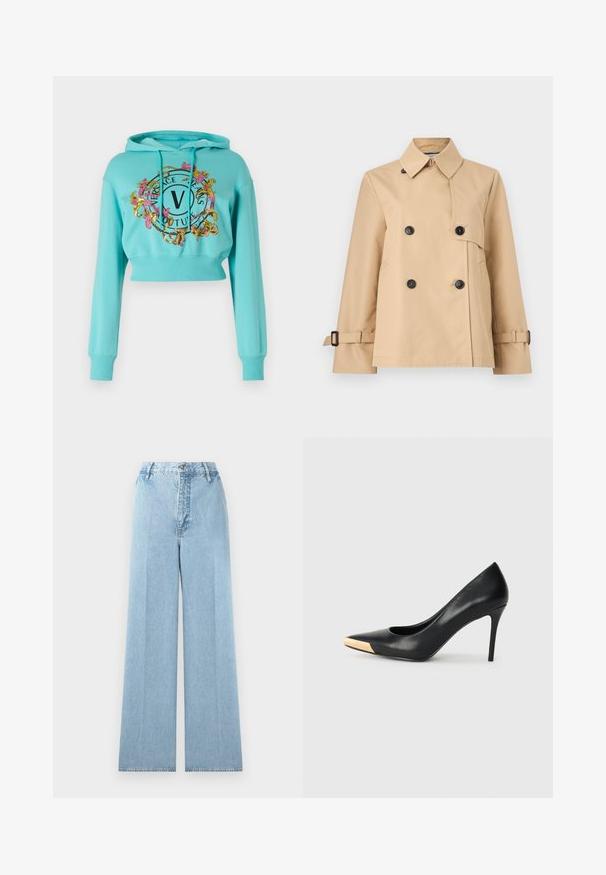 Gabardina beige de doble botonadura con botones negros, cuello ancho, bolsillos laterales y correas ajustables con hebilla en los puños.; Versace Jeans Couture Jersey con capucha - blu eleos; Jeans de mezclilla de corte ancho en azul claro con una cintura alta, con cinco pasadores para cinturón, cierre frontal con botón y costuras cosidas.; Zapato de tacón alto de cuero negro con puntera afilada; presenta un detalle metálico dorado en la tapa del tacón. Superficie lisa con un diseño elegante.