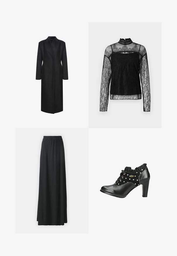 Manteau en laine noir avec un col haut, des manches longues et une coupe droite. Design minimaliste sans fermetures ni motifs visibles.; Haut en dentelle noir à manches longues avec col haut, motif floral complexe, tissu transparent et panneau solide sur la zone de la poitrine.; Jupe maxi noire en tissu doux et extensible avec une taille élastique, présentant une silhouette fluide en A.; Bottine noire en cuir et suède à pois, devant lacé, col volanté et talon bloc de hauteur moyenne.