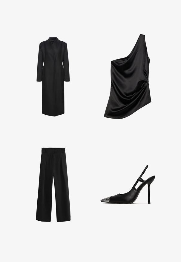 Schwarzer Wollmantel mit hohem Kragen, langen Ärmeln und geradem Schnitt. Minimalistisches Design ohne sichtbare Verschlüsse oder Muster.; Schwarzes Satin-Top mit asymmetrischem Ausschnitt, gerafftem Stoffdetail und weicher Textur. Es hat einen Schulterträger und eine fließende Silhouette.; Schwarze, weit geschnittene Hosen mit gepflücktem Vorderteil, elastischem Bund und glattem Stoff. Sie haben eine bequeme Passform, die bis zum Knöchel reicht.; Schwarzer Slingback-Pump mit spitzem Zeh und glänzender metallischer Kappe. Verfügt über einen hohen Stiletto-Absatz und einen schmalen Knöchelriemen. Glatte Lederoberfläche.
