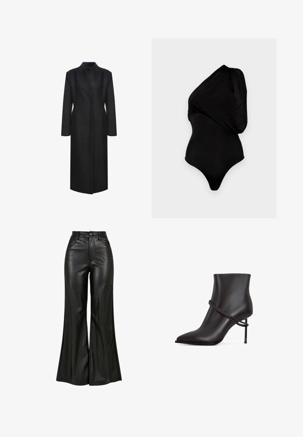 Sort uldfrakke med høj krave, lange ærmer og lige snit. Minimalistisk design uden synlige lukninger eller mønstre.; Sort one-shoulder bodystocking lavet af glat materiale, med en draperet design og tætsiddende silhuet med højt skåret ben.; Sorte læderbukser med flared design og en glat tekstur, der har høj talje, knaplukning og forreste lommer. Bred ben design og poleret finish.; Slank sorte ankelstøvle med spids tå, indviklet designaccent og høj stiletthæl på hvid baggrund.