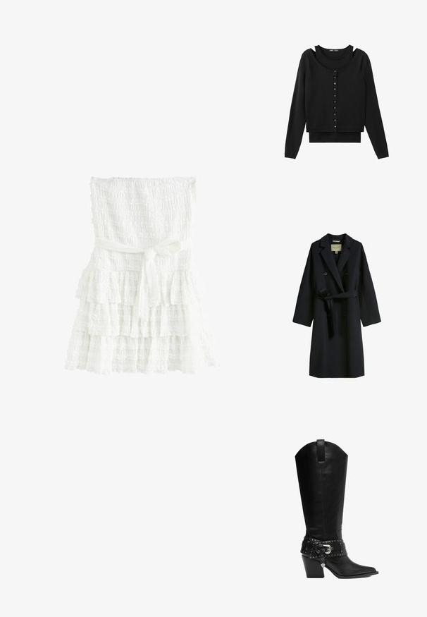 Mørkeblå trench coat lavet af uldblanding, med dobbeltknaplukning, brede revers og taljebånd. Knappene er runde og sorte.; Sort langærmet lagdelt cardigan med knapper foran og detaljer ved halsudskæringen fra en ærmeløs indertanktop.; Hvid lagdelt kjole lavet af tekstureret stof, med en smocked overdel og et bundet bælte i taljen. Lagene har volangkanter.; Sort læder midter-kalv cowboy støvle med spids tå, stakket hæl og dekorativt nittebælte med sølvspænde rundt om anklen.