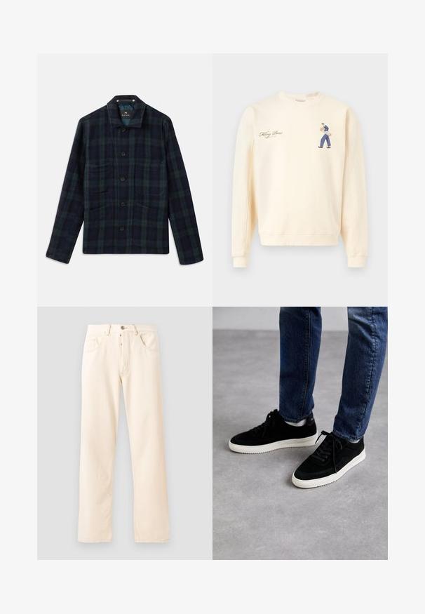 Dunkelgrün und marineblau kariertes Button-up-Jackett mit langen Ärmeln, Kragen und vier Fronttaschen.; Cremfarbener Sweatshirt mit kleinem Motiv einer Person, die Baguettes trägt, und dem Text "Filling Pieces Baking Bread" auf der Brust.; Helle beige Denim-Jeans mit geradem Bein, fünf Taschen und einer Knopfverschluss vorne. Nähte sichtbar entlang der Nähte.; Schwarze Wildledersneaker mit einer weißen Gummisohle, die ein klassisches Low-Top-Design, eine abgerundete Spitze und flache schwarze Schnürsenkel aufweisen.