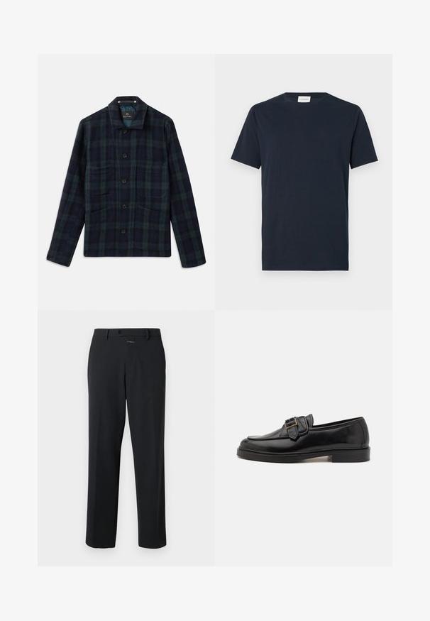 Veste à carreaux vert foncé et bleu marine, à boutons, avec manches longues, col et quatre poches avant.; T-shirt à manches courtes bleu marine en coton doux. Il présente un col rond et un design simple et épuré sans motifs ni accents.; Pantalon noir à coupe droite, en tissu lisse. Il présente une fermeture à bouton à l'avant et des détails de couture subtils. Conception simple sans motifs.; Mocassins en cuir noir avec un bout arrondi et une boucle décorative. Talon plat, solide et texture lisse sur l'ensemble.