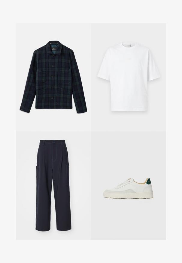 Veste à carreaux vert foncé et bleu marine, à boutons, avec manches longues, col et quatre poches avant.; T-shirt en coton blanc avec col rond, manches courtes, arborant un logo floral beige subtil sur la poitrine et une coupe décontractée.; Pantalons cargo navy avec coutures bleues, ceinture élastique, deux poches latérales, coupe droite et texture de tissu douce.; Baskets blanches avec des accents en daim, bout arrondi, lacets plats et semelle en caoutchouc crème. Présente une marque verte sur le talon.