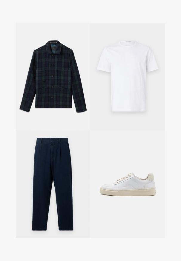 Mørkegrøn og marineblå ternet button-up jakke med lange ærmer, krave og fire forlommer.; Hvid bomulds t-shirt med rund halsudskæring og korte ærmer. Glat tekstur, lige snit og minimalistisk design uden mønstre eller accenter.; CLOSED BLOMBERG - Baggy jeans - dark blue; Hvide sneakers med en glat læderoverdel, beige snørebånd og en tekstureret beige ruskindsheel-tab. Hævet sål for ekstra højde.