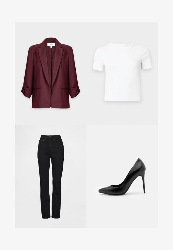 Bordeauxrode blazer met revers, opgerolde mouwen, twee voorzakken en een open voorkant, getoond tegen een effen lichte achtergrond.; Wit T-shirt met korte mouwen van geribd materiaal, voorzien van een ronde hals en een aansluitende pasvorm, ideaal voor het dragen in laagjes of casual gebruik.; Zwarte high-waist jeans met een rechte pijp, gemaakt van denim, voorzien van een metalen knoopsluiting en eenvoudige stikseldetails.; Zwarte leren high heel pump met een spitse neus en een gladde textuur. Kenmerkt zich door een slanke stilettohak en een laag uitgesneden vamp ontwerp.