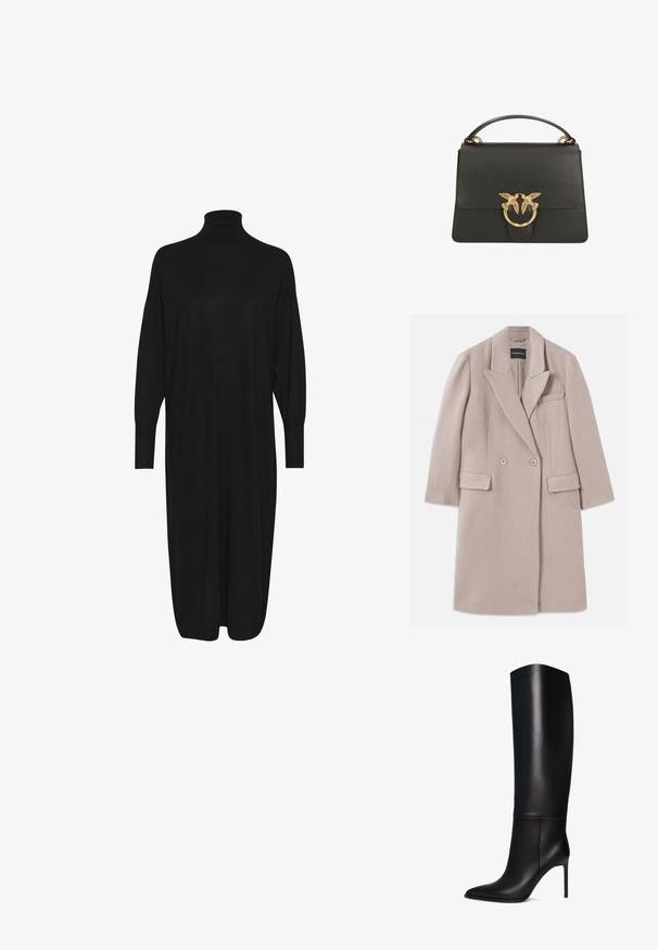 Vaalean beige takki, jossa on kaksirivinen nappi, kauluksessa on lovet, kaksi etupussitaskua, rintatasku ja pitkät hihat.; Musta neulemekko korkealla mock-kaarrokeella, pitkillä hihoilla ja rennolla istuvuudella. Tasainen pinta, polven keskikohtaan asti ulottuva pituus, eikä näkyviä kuvioita tai yksityiskohtia.; Polvipituiset mustat nahkastiletto-saappaat, joissa on terävä kärki. Silkkinen pinta, jämäkkä muotoilu ja kapea korkea korko. Ei näkyvää metalliosaa tai kuvioita.; Mustakooninen nahkalaukku, jossa on jämäkkä muotoilu. Laukussa on kultainen rengaslukko, jossa on kaksi lintukoristetta, sekä yläkahva kantamista varten.