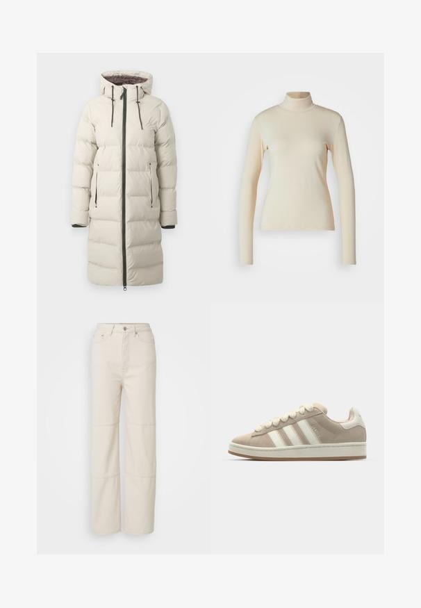 Abrigo tipo puffer en beige claro con capucha, que cuenta con un cierre completo, dos bolsillos laterales y detalles de hardware en negro. Diseño acolchado texturizado.; Top de manga larga de color crema con cuello alto, hecho de una tela suave y elástica; diseño ajustado con cuello alto y sin patrones o acentos visibles.; Pantalones vaqueros de pernera ancha en un tono beige claro, fabricados en algodón. Presentan una cintura alta, cierre frontal con botón y dos costuras horizontales decorativas en las piernas.; Zapatillas de ante marrón con rayas y cordones de cuero blanco, suela de goma, cuello acolchado y detalles texturizados en la parte superior.