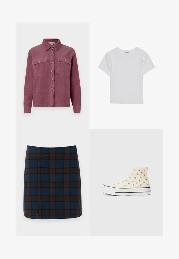 Kordfløjl skjorte i mauve med to brystlommer, krave og frontknaplukning; har teksturerede ribs og matchende knapper.; Hvid kortærmet V-hals t-shirt lavet af ribbet stof. Har et rent design med en lige kant og minimal detaljer.; Marineblåternet mini nederdel med brune og grå striber, lavet af et glat stof, med en diskret slids bagpå for let bevægelse.; Høje sneakers lavet af gul lærred, med et mønster af små røde jordbær, hvide snørebånd og en hvid sål med sorte striber.