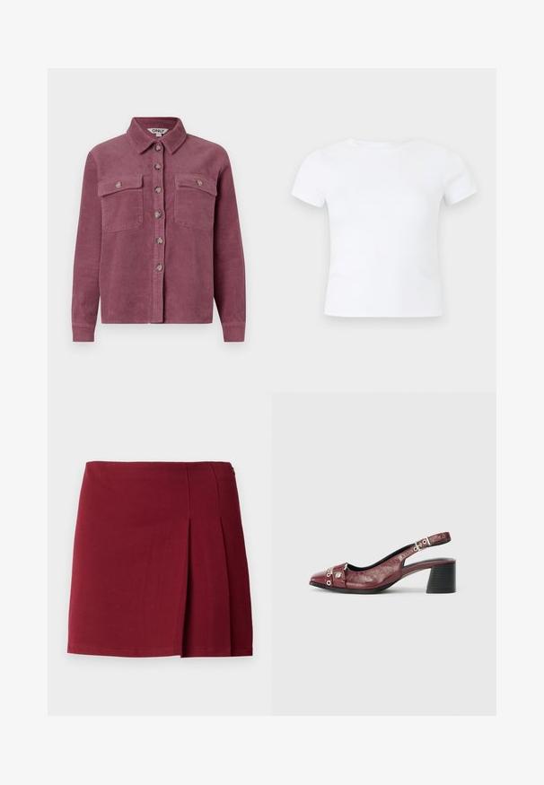 Kordfløjl skjorte i mauve med to brystlommer, krave og frontknaplukning; har teksturerede ribs og matchende knapper.; Hvid kortærmet t-shirt med rund hals vist på en neutral lys grå baggrund.; Bordeaux plisseret miniskørt med en glat overflade, tætsiddende talje og lynlås i siden. Simple, minimalistisk design uden mønstre.; Bordeauxfarvet læderslippersko med rund tå, buet design, sølvhardwaredetaljer og blokhæl. Tekstureret finish.