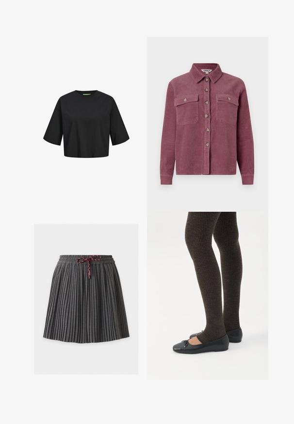 Kordfløjl skjorte i mauve med to brystlommer, krave og frontknaplukning; har teksturerede ribs og matchende knapper.; Sort bomulds cropped t-shirt med rund hals, korte ærmer og en grøn label detalje ved halsudskæringen. Glat, blød tekstur.; Mørkegrå plisseret nederdel med elastik i taljen og en bundet vinrød snor foran i midten.; Ben iført mørke ribbede leggings kombineret med sorte balletsko med små sløjfedetaljer på hvid baggrund.
