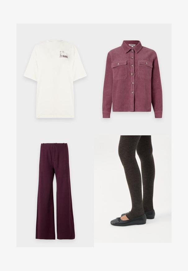 Chemise en velours côtelé mauve avec deux poches poitrine, un col et une fermeture par boutons à l'avant ; présente des côtes texturées et des boutons assortis.; T-shirt blanc à manches courtes avec un petit bouledogue en contour et le texte "Slow Morning" imprimé sur le côté gauche de la poitrine.; Pantalons larges bordeaux en tissu léger. Caractéristiques d'une fermeture à bouton et à fermeture éclair à l'avant, avec une texture lisse et uniforme.; Jambes portant des leggings côtelés foncés associés à des ballerines noires avec de petits détails en nœud sur fond blanc.