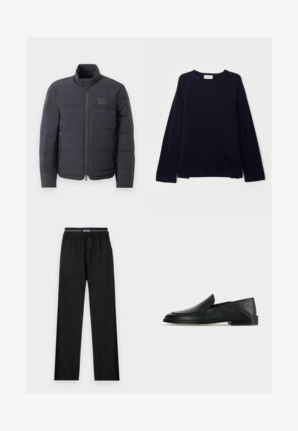Doudoune noire avec un col montant, texture matelassée et fermeture éclair à l'avant. Elle possède une petite étiquette avec logo sur la poitrine gauche et des poches latérales.; OFFICINE GENERALE NATE CNECK - Pullover - black; Pantalons noirs à coupe décontractée, taille élastique, cordon de serrage ajustable et poches latérales. Fabriqués en tissu lisse sans motifs.; Mocassin en cuir noir sans lacets avec petit talon et bout arrondi, présenté sur un fond blanc uni.