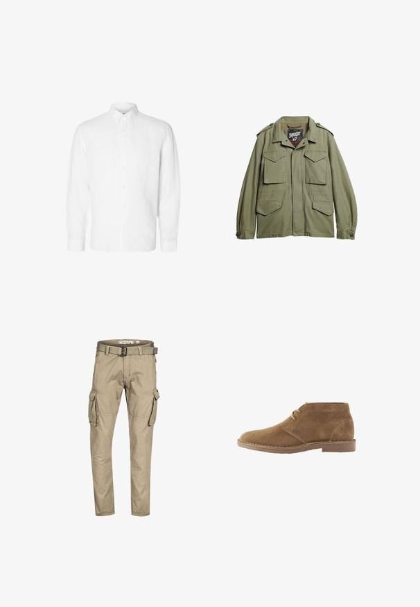 Chaqueta verde oliva con cremallera frontal, dos bolsillos en el pecho y hombreras; confeccionada con tela ligera con acabado texturizado.; Camisa blanca de manga larga hecha de lino, con cuello abotonado, botones en el frente y un ajuste relajado con puños rectos.; Pantalones cargo beige con múltiples bolsillos, incluidos bolsillos con solapa en los costados, y un cinturón de tela a juego con cierre de hebilla.; Zapato casual marrón de ante hasta el tobillo con dos ojales para cordones y suela cosida sobre fondo blanco, vista lateral.