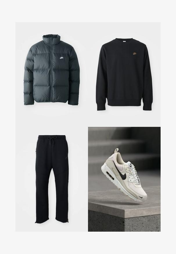 Sort pufferjakke med quiltede sektioner, høj krave og lynlås foran. Har et lille hvidt Nike-logo på brystet.; Sort sweatshirt lavet af blødt stof, med rund hals, lange ærmer og et lille guld Nike-logo på brystet.; Sorte træningsbukser med elastisk linning og snoretræk, har sidelommer, smalle ben og lynlåse ved anklerne. Glat tekstur.; Beige og hvid Nike Air Max sneaker med sort swoosh-logo, hvide snørebånd og synligt Air-cushioning-sål, der hviler på en betonblok.