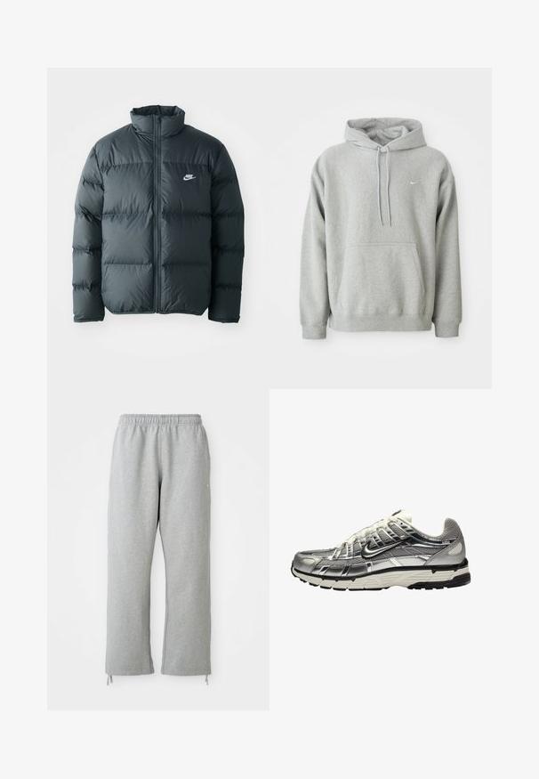 Svart pufferjakke med quiltede seksjoner, høy krage og glidelås foran. Har en liten hvit Nike-logo på brystet.; Grå hettegenser laget av myk stoff med kengurulomme, snorhette og liten hvit logo på brystet. Behagelig, avslappet passform.; Grå joggebukser med elastisk midje, rette ben og snor i hemmet. Laget av myk, strukturert stoff.; Sølv og svart treningssko med overdel i mesh og syntetisk materiale, voluminøst design og teksturert finish. Har en polstret krage og gummisåle.