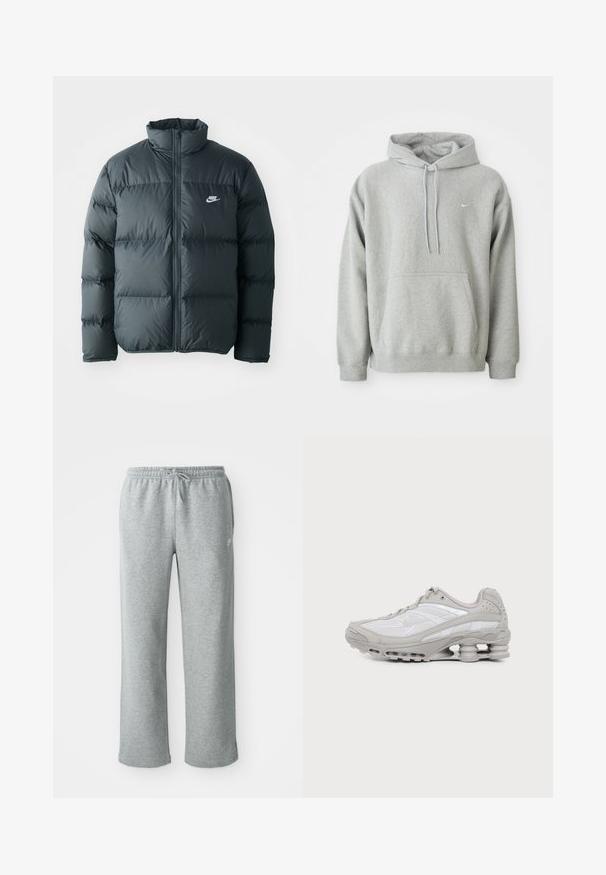 Sort pufferjakke med quiltede sektioner, høj krave og lynlås foran. Har et lille hvidt Nike-logo på brystet.; Grå hættejakke lavet af blødt stof med en kengurulomme, snor i hætten og lille hvidt logo på brystet. Behagelig, afslappet pasform.; Grå bomulds sweatpants med elastisk talje, snorelukning og lige ben. Har et lille logo på den øverste venstre side.; Grå og hvid atletiksko med synlig luftpolstret sål og mesh-paneler, vist i profil på en ensartet lys baggrund.