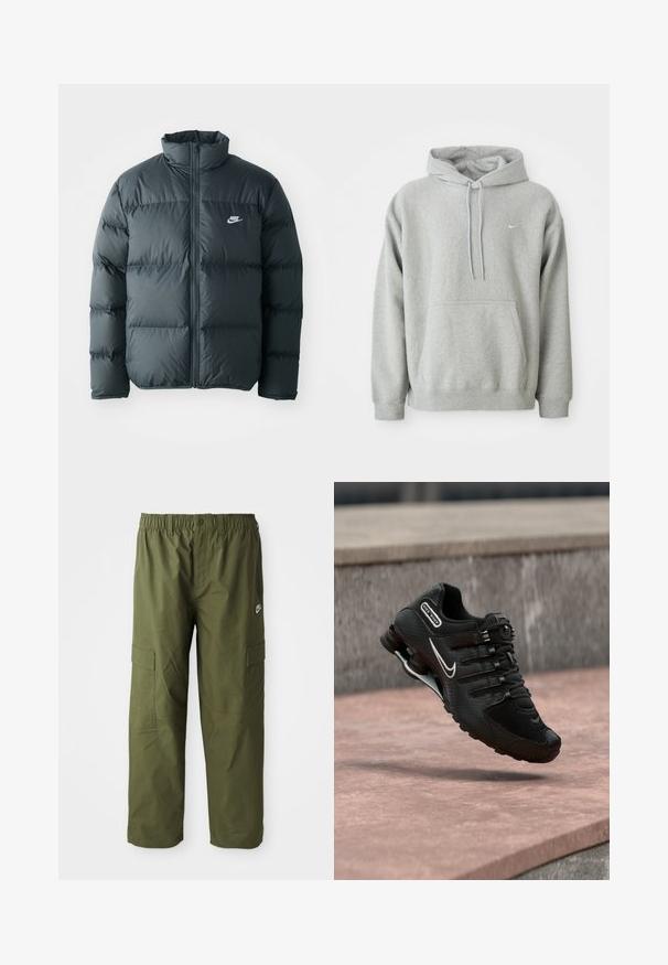 Čierna pérová bunda s prešívanými časťami, vysokým golierom a predným zipsom. Na hrudi sa nachádza malé biele logo Nike.; Šedá mikina s kapucňou vyrobená z jemného materiálu, s klokankou, sťahovacou kapucňou a malým bielym logom na hrudi. Pohodlný, voľný strih.; Nike cargo nohavice v tmavej olivovej farbe, ktoré majú elastický pás, dve bočné vrecká a hladkú, ľahkú tkaninu.; Čierny bežecký topánok Nike Shox s bielym logom Swoosh, vo vzduchu nad ružovým betónovým povrchom na pozadí sivej kamennej steny.