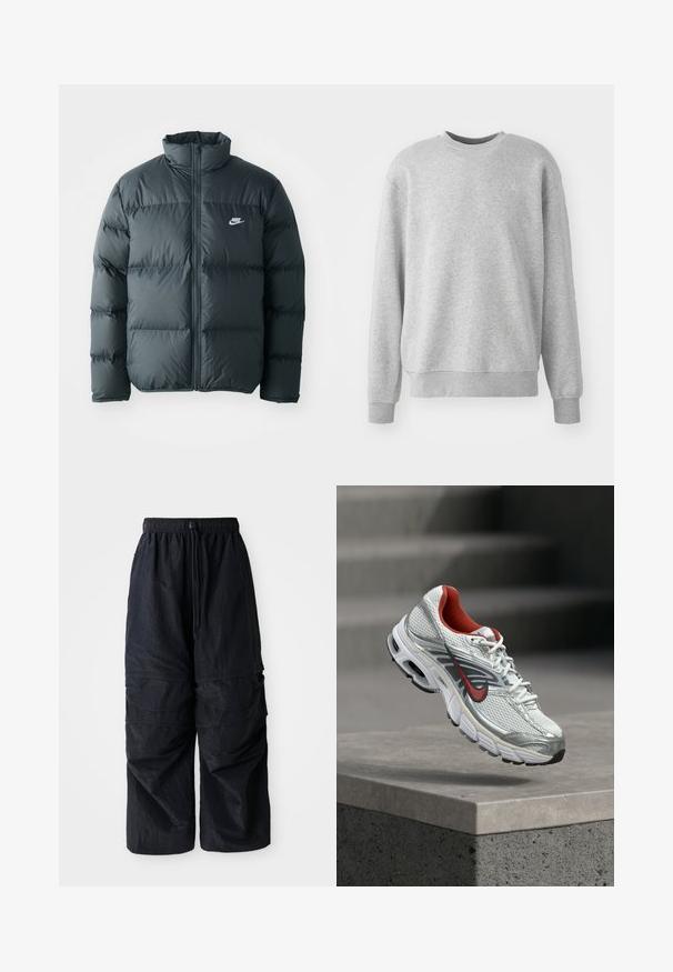 Čierna pérová bunda s prešívanými časťami, vysokým golierom a predným zipsom. Na hrudi sa nachádza malé biele logo Nike.; Sivá mikina vyrobená z mäkkého materiálu, má okrúhly výstrih, rebrované manžety a lemovanie, s decentným logom na prednej strane.; Čierne ľahké nylonové cargo nohavice s elastickým pásom, nastaviteľnou šnúrkou a viacerými vrstvovými vreckami na nohách.; Biely a strieborný bežecký topánka Nike s červenými akcentmi, ktorý visí nad betónovou hranou a ukazuje jeho bočné a podrážkové detaily.