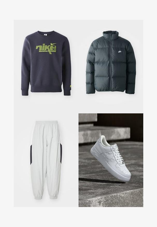 Must must jacket, millede õmblustega, kõrge krae ja esine lukuga. Rinnal on väike valge Nike logo.; Tumesinine sviiter puuvillasegist, millel on neoonroheline logo ja tekst "nike international sportswear" rinna kohal, soonikkoes mansetid ja allserv.; Heledad hallhalli trackipüksid, mis on valmistatud kergest kangast, elastse vöökoha ja varrukatega, mustade ja valgete kontrastsete küljeelementidega.; Valge Nike Air Force 1 toss, millel on reljeefsed tähe mustrid ja metallist tähega kingapaelakaunistus, hõljub betoonpinna kohal.