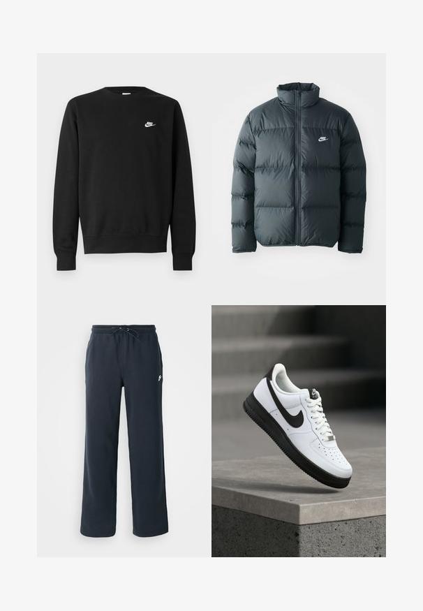 Zwarte pufferjas met gestikte delen, hoge kraag en een rits aan de voorkant. Heeft een klein wit Nike-logo op de borst.; Zwarte sweater van katoen, met een ronde hals, lange mouwen en een klein wit Nike-logo aan de bovenkant van de linkerborst.; Donkerblauwe joggingbroek met een elastische tailleband en een trekkoord. Gemaakt van zachte stof, met een klein wit logo op de linkerheup.; Witte leren sneaker met zwarte accenten, afgeronde neus en geperforeerde details. Zwarte rubberen zool met een gestructureerd patroon en vetersluiting.