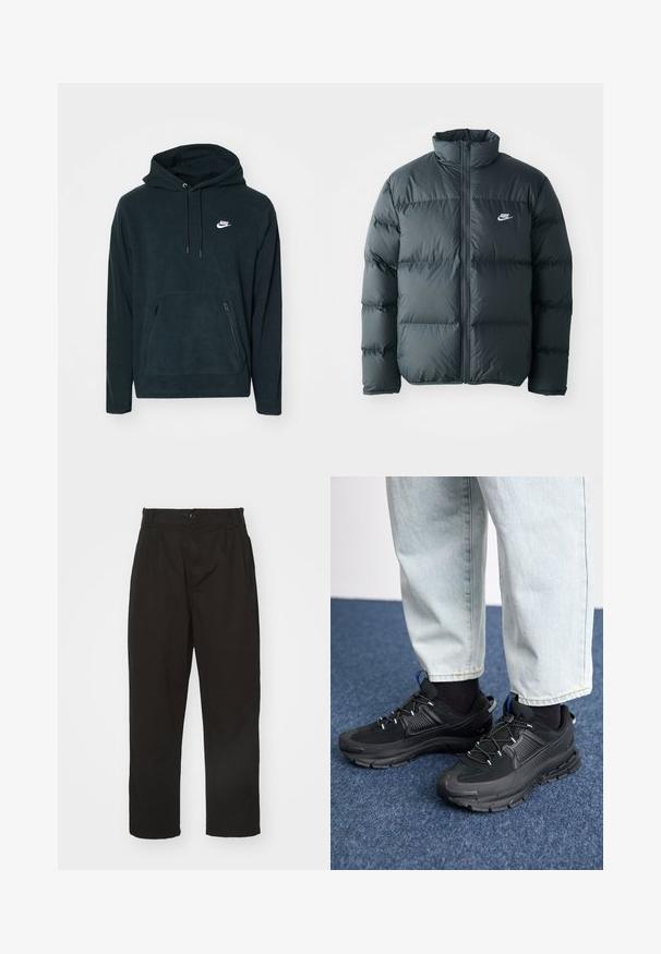Schwarze Pufferjacke mit gesteppten Abschnitten, hohem Kragen und frontalem Reißverschluss. Verfügt über ein kleines weißes Nike-Logo auf der Brust.; Schwarzer Fleece-Hoodie mit einer vorderen Kängurutasche und zwei seitlichen Reißverschlusstaschen. Enthält eine Kapuze mit Kordelzug und ein weißes Nike-Logo.; Schwarze Hose aus glattem Stoff, mit Knopfverschluss, geradem Schnitt und zwei vorderen Falten für zusätzlichen Detail.; Schwarze Sportschuhe aus strukturiertem Stoff mit Gummisohlen, ausgestattet mit elastischen Schnürsenkeln und einem blauen Akzent an der Ferse. Getragen mit hellen Jeans.