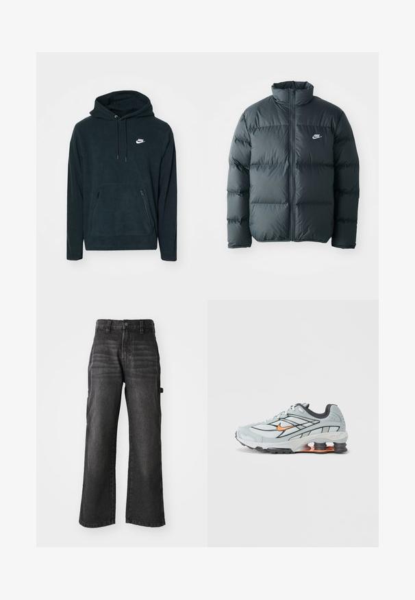 Chaqueta de plumas negra con secciones acolchadas, cuello alto y cremallera frontal. Presenta un pequeño logo blanco de Nike en el pecho.; Sudadera de felpa negra con un bolsillo tipo canguro en la parte frontal y dos bolsillos laterales con cremallera. Incluye una capucha con cordones y un logo de Nike en blanco.; Pantalones de mezclilla negros de pierna ancha, hechos de algodón suave con un acabado desgastado. Cuenta con un cierre de botón en la parte delantera y bolsillos laterales.; Zapatilla de correr gris claro con detalles en negro, logo naranja, parte superior de malla, collar acolchado y suela de goma con unidades visibles de absorción de impactos.