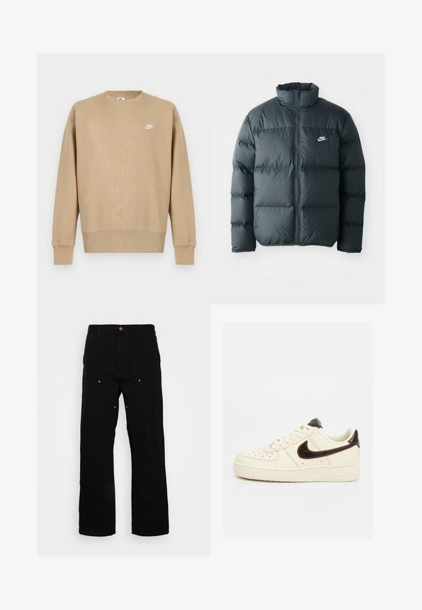 Must must jacket, millede õmblustega, kõrge krae ja esine lukuga. Rinnal on väike valge Nike logo.; Kreemika värvi Nike'i sviiter, millel on ümar kaelus, pikad varrukad ja valge logo rinnal. Kangas näib olevat pehme ja ühtlase tekstuuriga.; Mustad teksapüksid otse lõikega, millel on kuldne riistvara ja nähtavad õmblused ees- ja tagataskutel.; Madala säärega beež Nike Air Force 1 toss musta swoosh-logos, beežide paelte ja beežide tallaga neutraalsel taustal.