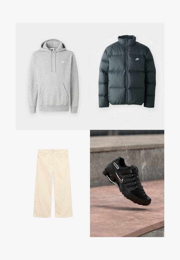 Schwarze Pufferjacke mit gesteppten Abschnitten, hohem Kragen und frontalem Reißverschluss. Verfügt über ein kleines weißes Nike-Logo auf der Brust.; Hellgrauer Hoodie aus weichem Stoff mit Kängurutasche, Kapuze mit Kordelzug und kleinem weißem Logo auf der Brust.; Cremefarbene Jeans mit weitem Bein aus Baumwolle, mit Taschen vorne, einem Knopfverschluss und minimalen Steppnähten. Vorderansicht vor weißem Hintergrund.; Schwarzer Nike Shox Laufschuh mit weißem Swoosh-Logo, in der Luft über einer rosafarbenen Betonfläche vor einem grauen Steinmauer-Hintergrund.