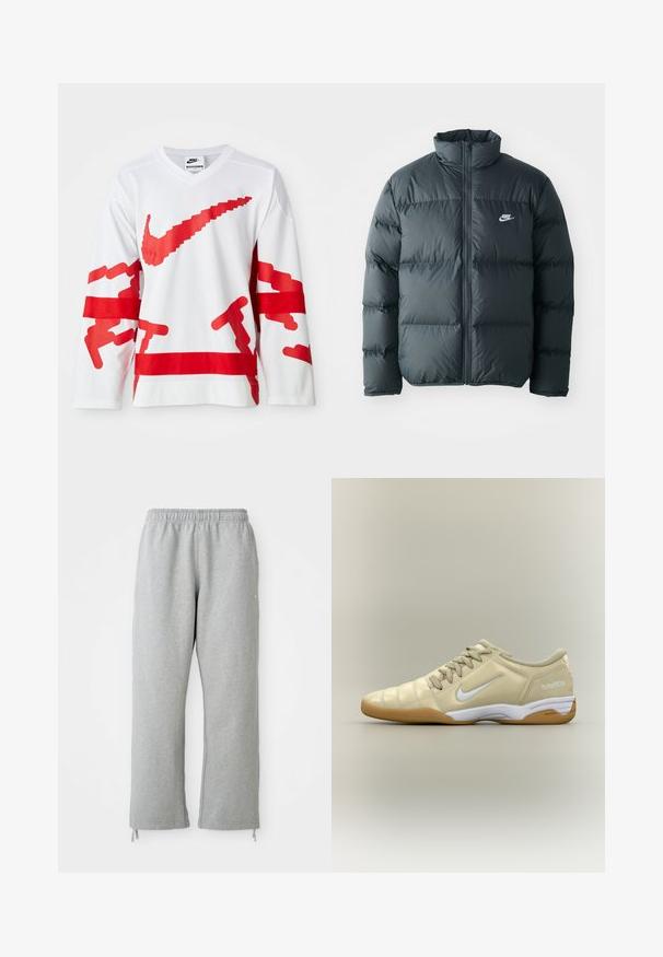 Čierna pérová bunda s prešívanými časťami, vysokým golierom a predným zipsom. Na hrudi sa nachádza malé biele logo Nike.; Biela dlhá rukávová dres so červenými grafickými prvkami vrátane veľkého loga Nike, s mriežkovou textúrou a kontrastnými horizontálnymi červenými pruhmi.; Sivé tepláky s elastickým pásom, rovným strihom a šnúrkami na leme. Vyrobené z mäkkej, textúrovanej látky.; Béžová halová futbalová obuv s bielym logom Nike swoosh, gumovou podrážkou, šnúrkami a textom "total90 III" na päte, zobrazená zboku.
