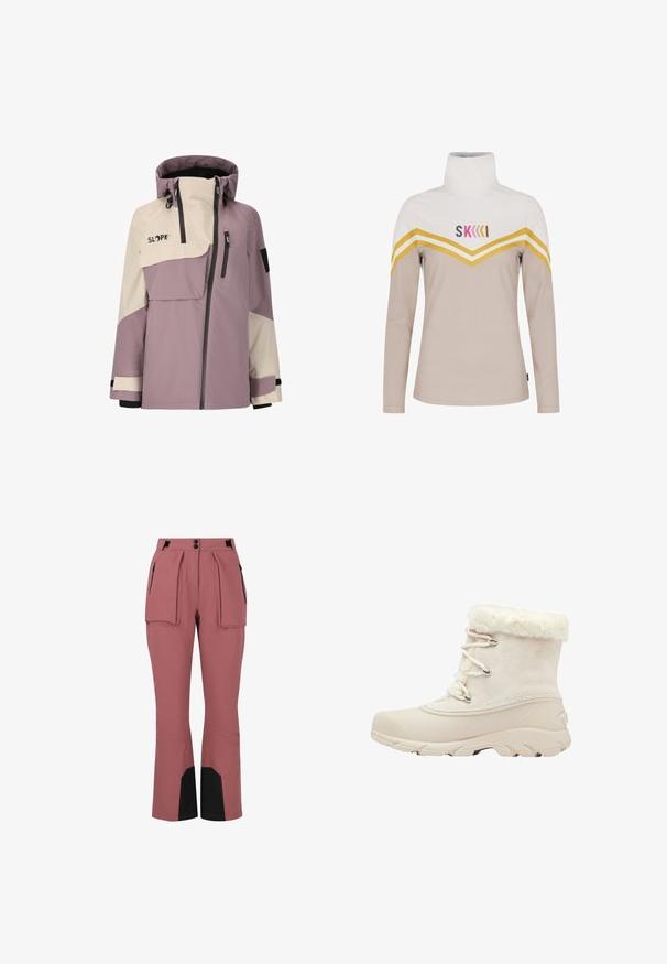 Veste imperméable violette et crème avec une capuche, des poches zippées, une poche poitrine et des poignets ajustables. Le design comprend un bloc de couleurs.; Haut à manches longues en beige et blanc, avec un col montant, des rayures en chevron jaunes et le logo multicolore "SKKII" sur la poitrine.; Pantalon de ski rose imperméable, coupe droite, devant plissé, deux poches latérales et accents noirs aux chevilles.; Sorel Bottes de neige - chalk light clay