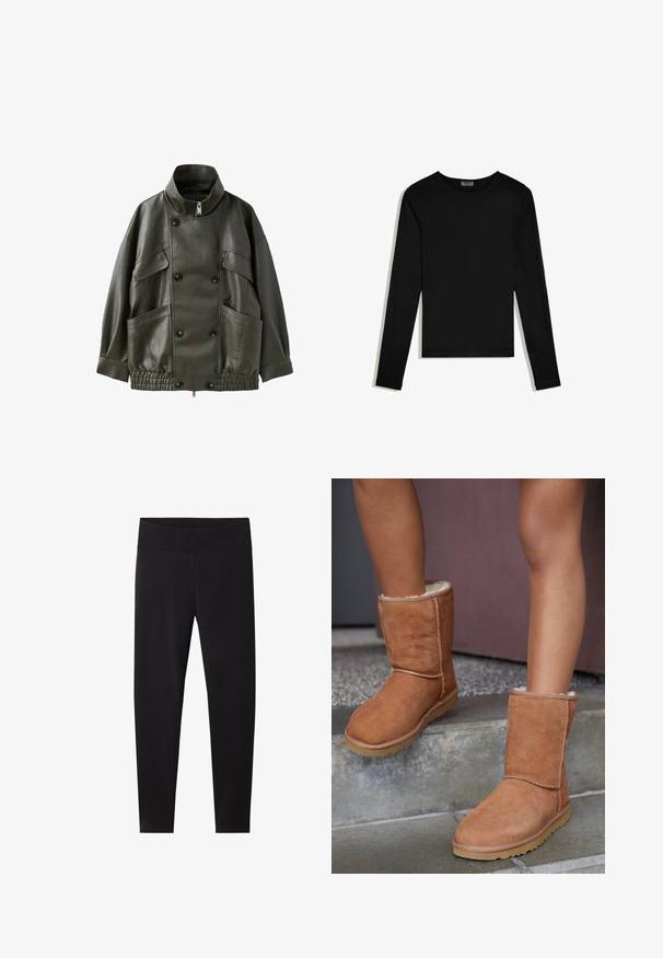 Mørkegrøn jakke i imiteret læder med dobbeltradede knapper, høj krave, brystlommer med klap, store forlommer og elastisk kant.; Sort langærmet crew neck-shirt, ensfarvet design, lagt fladt på en hvid baggrund.; Sorte leggings med en bred, elastisk talje. Fremstillet af et glat, strækbart materiale, skræddersyet til en tætsiddende silhuet uden synlige mønstre.; Brune ruskind ankelstøvler med rund tå, blødt foer og gummisål, der har synlige stikninger langs sømmene.