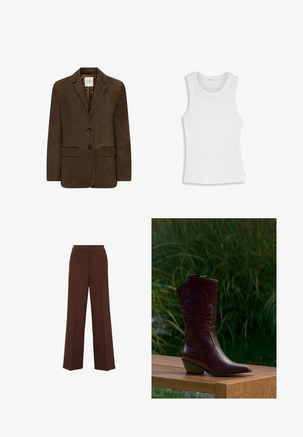 Brun ruskindsblazer med hakkede revers, to sorte knapper, to forlommer med klap og en inderside foret med satin.; Hvid ærmeløs tanktop med rund halsudskæring, tætsiddende pasform og minimalistisk design, lagt fladt på en hvid baggrund.; Brune bredbenede bukser med en glat overflade, der har en struktureret talje og subtile plisseringer, der løber ned langs forsiden.; Mørkebrune læder cowboystøvler med broderede mønstre, lavt skråt hæl og trækflapper, placeret på en træ bænk med grønne planter i baggrunden.