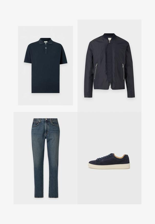 Veste bomber bleu marine avec col côtelé, fermeture éclair frontale recouverte d'un rabat et deux poches latérales zippées.; Polo bleu marine à manches courtes avec deux boutons blancs et un petit logo brodé sur la poitrine sur fond blanc uni.; Jean bleu droit en denim avec une coupe classique à cinq poches et une fermeture par bouton sur un fond clair uni.; Baskets basses en suede bleu marine avec bout arrondi, semelle en caoutchouc blanc cassé et lacets assortis ; dotées d'une doublure intérieure contrastante couleur tan.