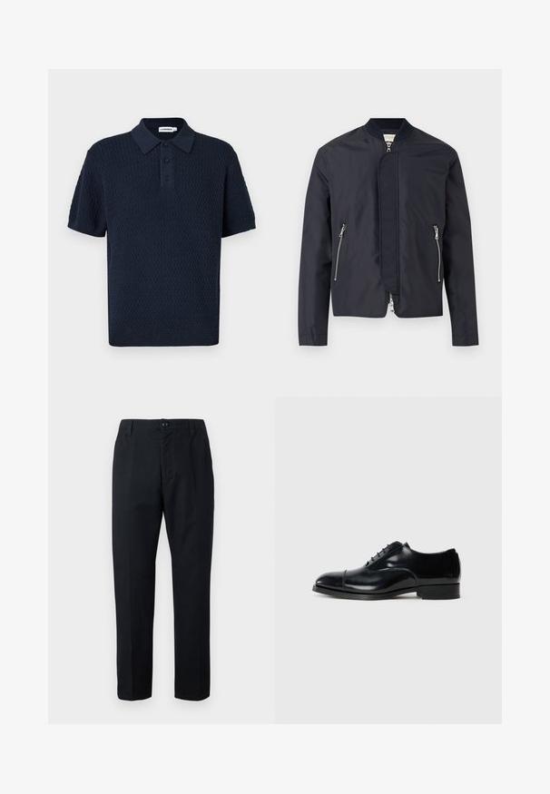 Veste bomber bleu marine avec col côtelé, fermeture éclair frontale recouverte d'un rabat et deux poches latérales zippées.; Polo texturé bleu marine à manches courtes avec patte de boutonnage trois boutons et col et poignets côtelés.; Pantalon noir à jambe droite avec fermeture à boutons, passants pour ceinture et poches latérales, présenté sur un fond uni.; Chaussure de ville en cuir noir avec une finition polie, bout rond, design à lacets et un petit talon empilé, présentant un détail de couture subtil.