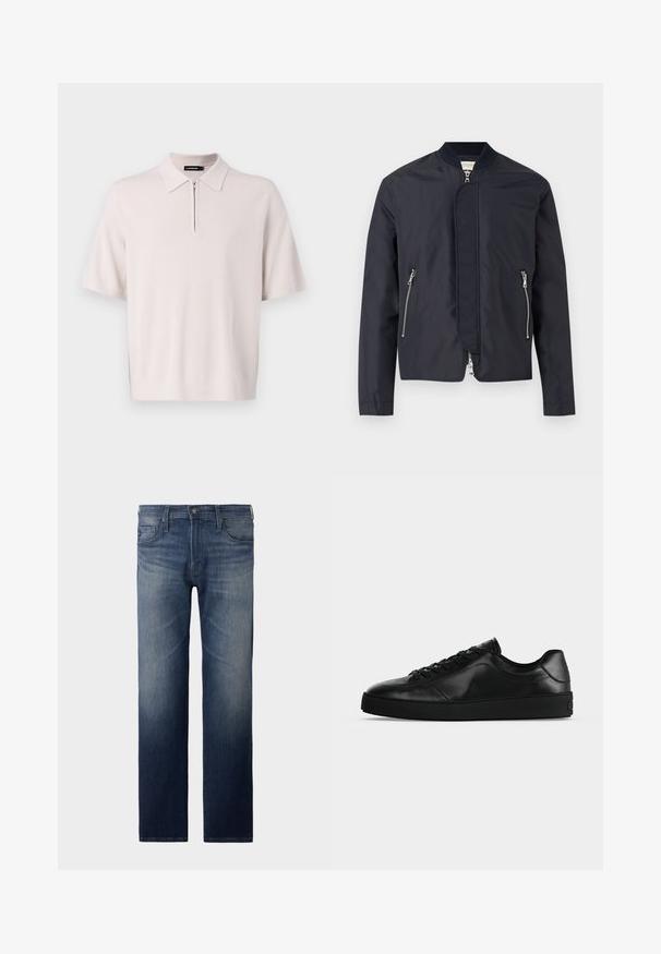 Veste bomber bleu marine avec col côtelé, fermeture éclair frontale recouverte d'un rabat et deux poches latérales zippées.; Polo court beige clair à manches courtes avec un col zippé et un ourlet côtelé, fabriqué en tissu tricoté doux. Présente un design de col classique.; Jean droit en denim bleu foncé. Comprend cinq poches, une fermeture éclair et un bouton. Texture légèrement décolorée au niveau des cuisses. Tissu en denim.; Sneaker noir en cuir à profil bas avec lacets sur le devant et semelle plate texturée, montré de profil sur un fond neutre.