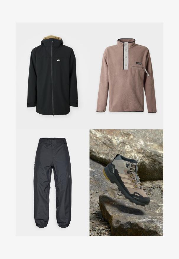 Μαύρο αδιάβροχο μπουφάν με κουκούλα επενδυμένη με γούνα, μπροστινό φερμουάρ και λογότυπο. Διαθέτει μακριά μανίκια και ρυθμιζόμενους καρπούς. Υφή υφάσματος.; Φλις με μακριά μανίκια σε χρώμα ταουπέ, με ψηλό γιακά, τέσσερα κουμπώματα με πατιλέτα, τσέπη στο στήθος με φερμουάρ και λογότυπο Columbia στο στήθος.; Μαύρο αδιάβροχο παντελόνι με χαλαρή εφαρμογή, διαθέτοντας δύο κουμπιά στη μέση, ρυθμιζόμενους καρπούς και τσέπες με φερμουάρ στο πλάι.; Μπεζ και μαύρο πεζοπορικό μποτάκι με Gore-Tex, σήμα Terrex και ανθεκτική σόλα, αιωρούμενο πάνω από πετρώδες έδαφος.