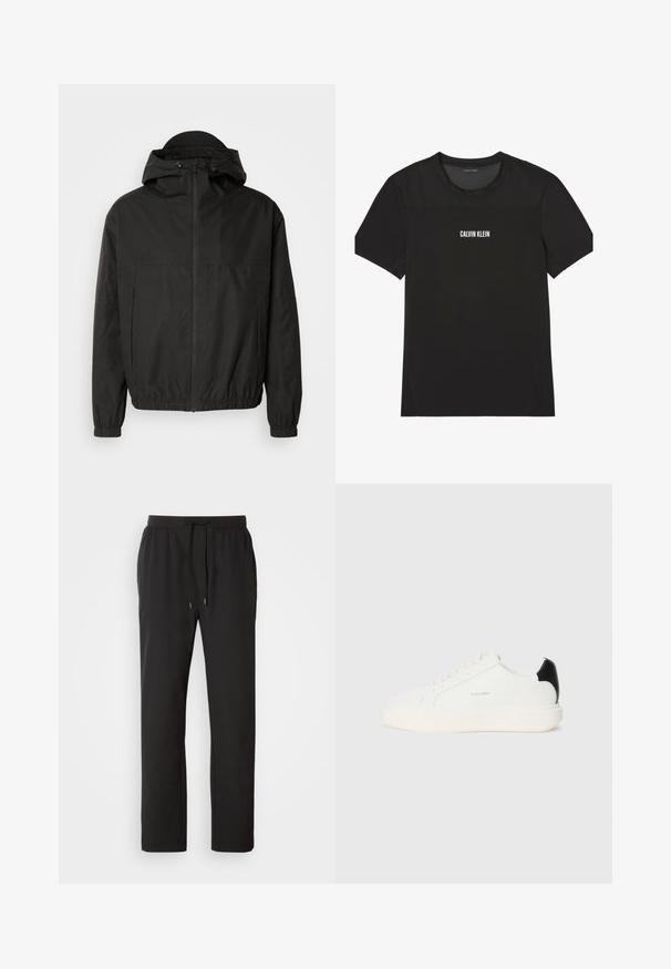 Veste noire zippée avec une capuche spacieuse, des poignets élastiques et une taille ajustée. Fabriquée en tissu lisse et léger avec une finition mate.; T-shirt de sport noir à manches courtes avec empiècements en mesh sur le haut de la poitrine et les épaules, arborant le logo "Calvin Klein" centré sur le devant.; Pantalons de jogging noirs en tissu léger, dotés d'une taille élastique avec cordons de serrage réglables et poches latérales. Texture lisse.; Baskets en cuir blanc avec un accent noir à l'arrière, présentant un bout rond, des lacets plats et une épaisse semelle blanche. Logo Calvin Klein affiché.