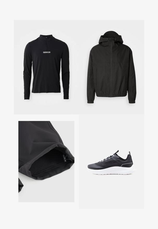 Zwarte zip-up jas met een ruime capuchon, elastische manchetten en een aansluitende tailleband. Gemaakt van glad, lichtgewicht materiaal met een matte afwerking.; Zwarte langemouwen top met hoge kraag, voorzien van een kwart ritssluiting en het witte "CALVIN KLEIN" logo aan de voorkant. Soepele, elastische stof.; Zwarte stoffen mouw met elastische manchet, met een gladde textuur en subtiele glans. Verstelbaar trekkoord bij de opening voor een goede pasvorm.; Zwarte lage sneaker met witte zool, witte veters, Calvin Klein-logo aan de zijkant en een treklus bij de hiel tegen een witte achtergrond.