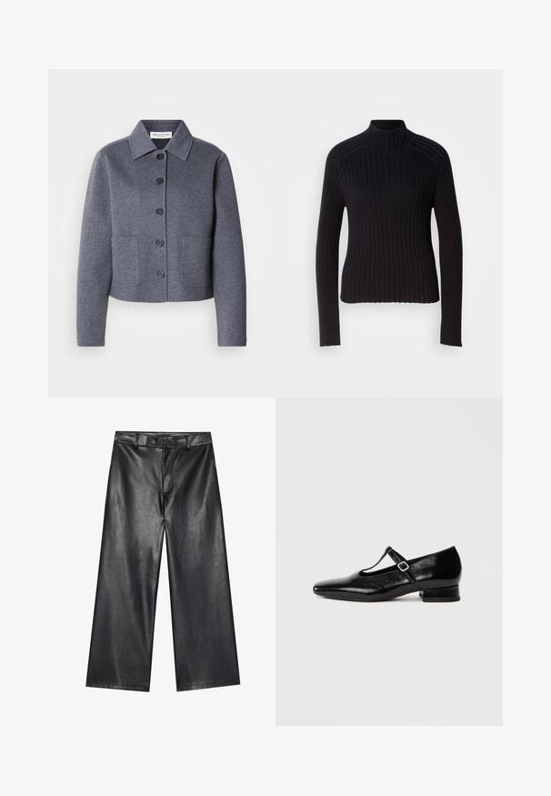 Grå, kort jakke lavet af et blødt materiale har en kravekrave, seks frontknapper og to sidelommer.; Sort rippet turtleneck sweater med lange ærmer, tætsiddende design og struktureret overflade. Fremstillet af et strækbart strikket stof.; Sorte læder bukser med brede ben og en glat tekstur, bæltestropper og en frontlynlås. Har en løs pasform og rene syninger.; Sorte Mary Jane-sko i læder med spids tå, lille blokhæl og justerbar rem med sølvspænde. Glat, blank tekstur.