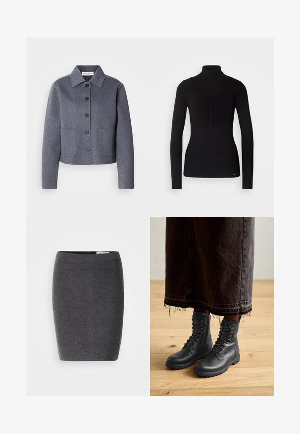 Chaqueta gris, corta, hecha de un material suave, con un cuello tipo solapa, seis botones frontales y dos bolsillos laterales.; Suéter negro de cuello vuelto con mangas largas, tejido texturizado, detalle fruncido en la parte frontal y un sutil acento de logotipo en el dobladillo.; Falda lápiz de lana gris con una textura suave y un diseño ajustado, que presenta una cinturilla discreta y sin adornos visibles.; Botas de cuero negro con cordones, superficie texturizada, altura hasta la mitad de la pantorrilla, punta redonda y suela resistente, combinadas con una falda de denim oscuro y deshilachada.
