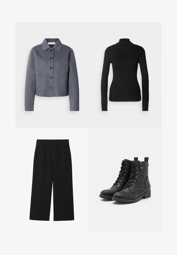 Grå, kort jakke lavet af et blødt materiale har en kravekrave, seks frontknapper og to sidelommer.; Sort turtleneck sweater lavet af let strikket stof. Har lange ærmer, et tætsiddende design og en blød ribbet tekstur.; Sorte breddebenede bukser lavet af glat stof, med to forlommer, flad front og lynlås lukning på siden.; Sorte ankelstøvler lavet af læderlignende materiale, med snørebånd, en sidelukning med lynlås og teksturerede detaljer på overdelen og sålen. Lav blokhæl.