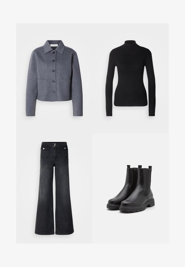 Veste grise courte en matériau doux, avec un col, six boutons à l'avant et deux poches latérales.; Pull à col roulé noir en maille légère. Il possède des manches longues, une coupe ajustée et une texture côtelée douce.; Jean large en denim noir avec taille haute, boutons sur le devant et deux poches avant ; texture lisse avec une légère finition décolorée.; Bottes de cheville en cuir noir avec panneaux élastiques sur les côtés, bout arrondi et semelle en caoutchouc épaisse. Équipées de languettes pour un enfilage facile.