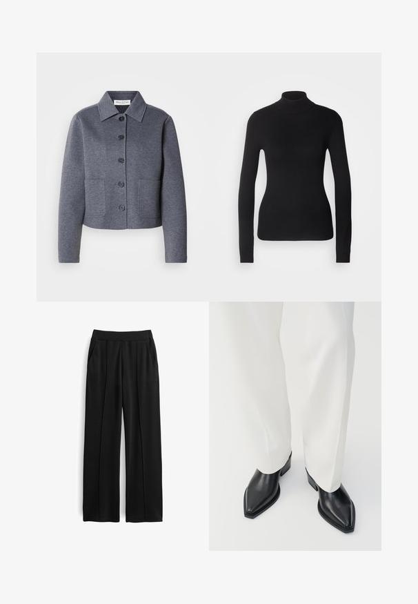 Grau, kurz geschnittene Jacke aus weichem Material mit einem Kragen, sechs vorderen Knöpfen und zwei Seitentaschen.; Schwarzer Rollkragenpullover aus leichtem Strickgewebe. Mit langen Ärmeln, taillierter Passform und weichem Ripptextil.; Schwarze weit geschnittene Hose aus weichem Stoff, mit einem glatten Bund, zwei Seitentaschen und genähten Vorderfalten für zusätzliche Details.; Schwarze spitz zulaufende Stiefeletten aus glattem Leder mit flachen Blockabsätzen, kombiniert mit weißen, weiten Hosen. Schlichtes und modernes Design.
