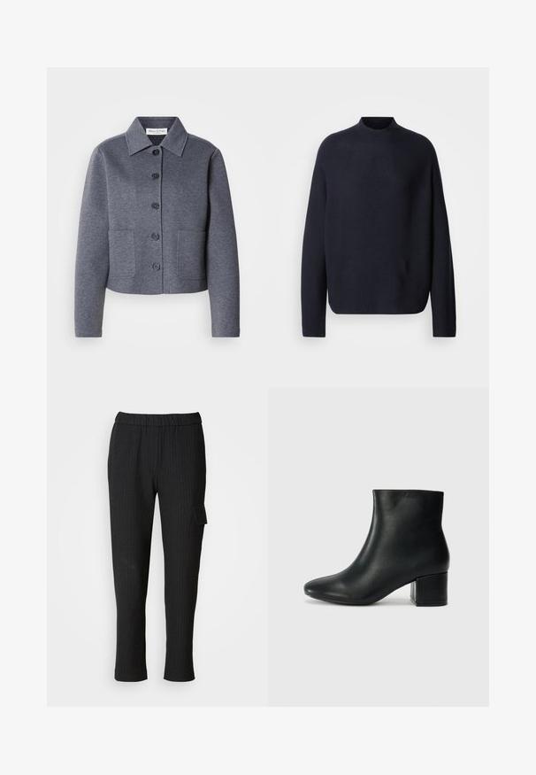 Veste grise courte en matériau doux, avec un col, six boutons à l'avant et deux poches latérales.; Pull en maille navy avec un col montant, des manches longues et une coupe carrée. Texture douce, design minimaliste et sans logos ni motifs visibles.; Pantalons noirs à rayures fines avec une taille élastique et une coupe droite. Présente une poche latérale avec rabat, fabriqués à partir d'un tissu lisse.; Bottines en cuir noir avec un bout pointu et un talon épais. Texture lisse avec des accents minimalistes et un design élégant et ajusté.